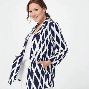 Dennis by Dennis Basso Blazer Womens 10 Navy Blue White Diamond Print Jacket